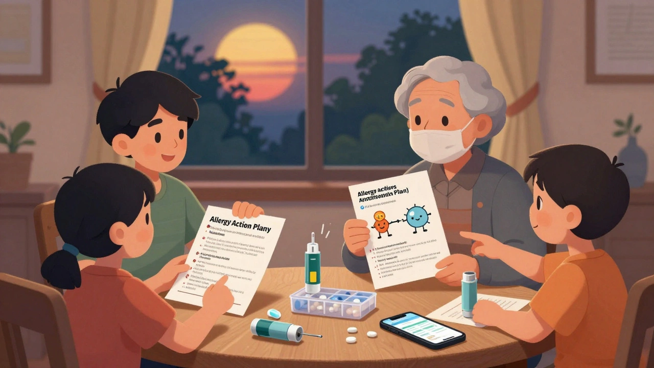 Family sharing printed allergy action plans at dinner table with medical supplies