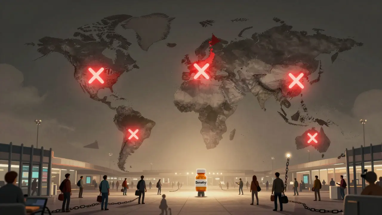 Global map with red Xs over countries banning common U.S. medications, travelers surrounded by legal chains