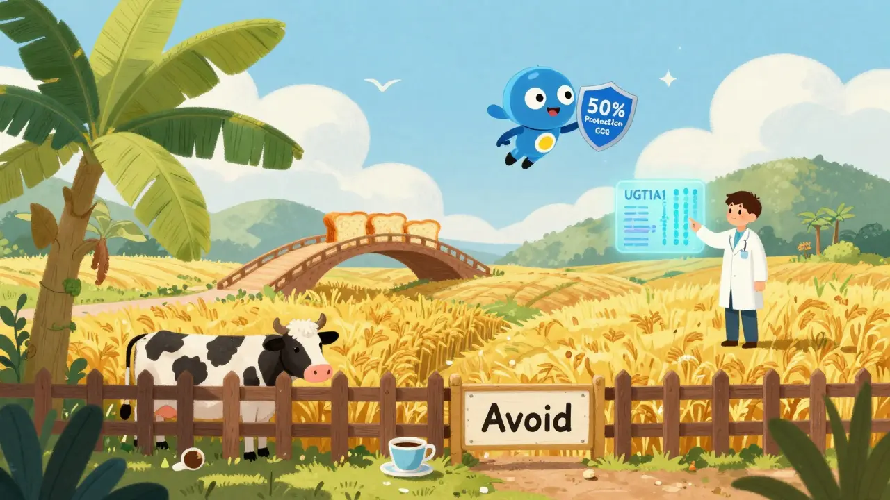 Gut landscape with banana trees and toast bridges, probiotic superhero flying above, dairy and coffee banned.