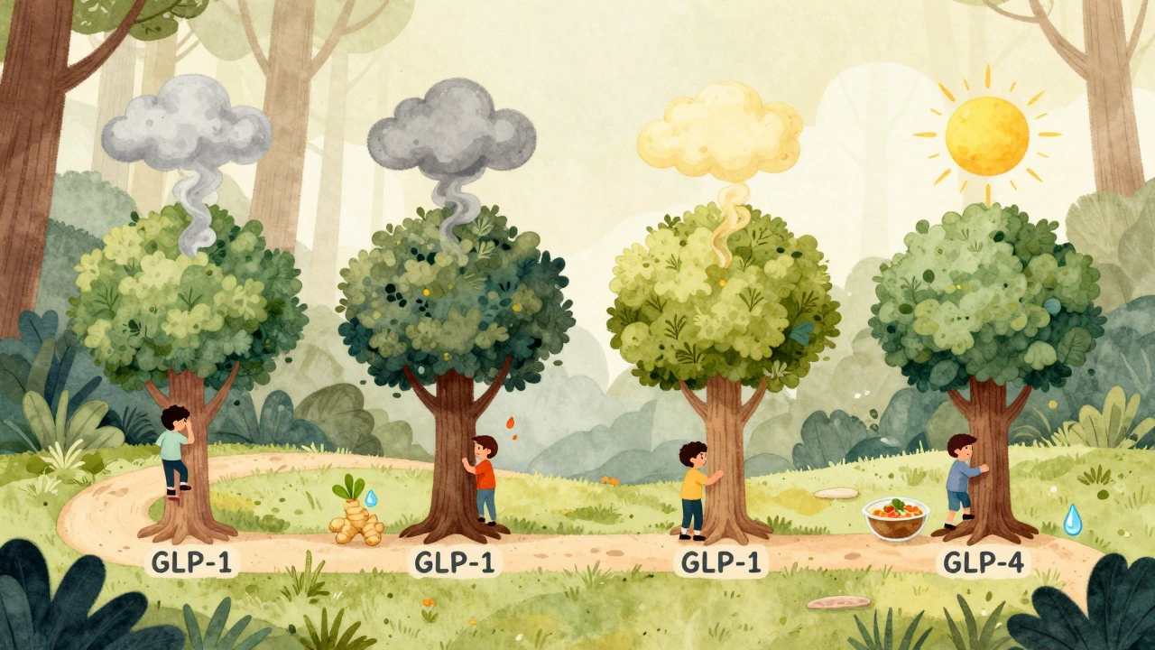 Journey through a forest timeline showing GLP-1 nausea fading as dose increases.