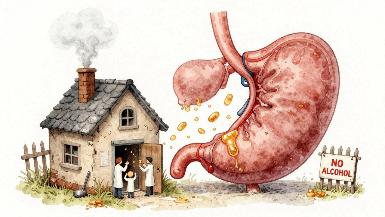 Pancreas as a house with enzyme capsules entering, oily food floating away, no alcohol sign.