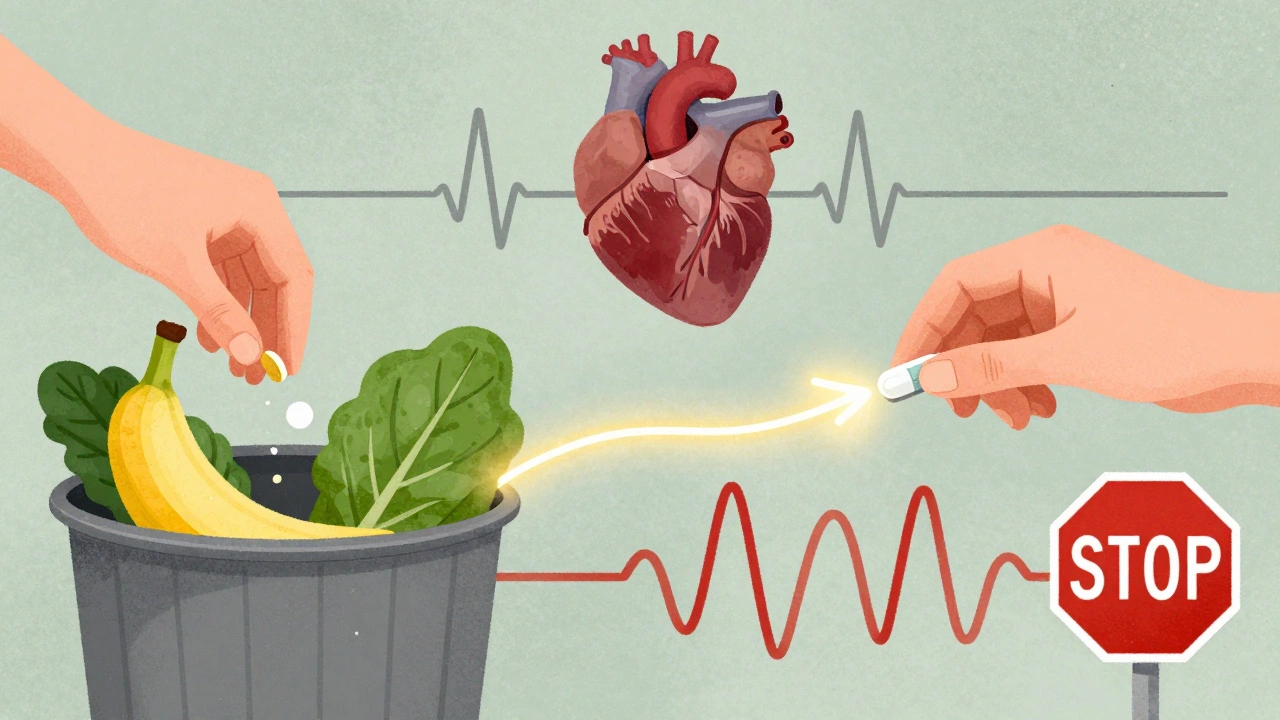 Patient discarding high-potassium foods while binder pill guides potassium safely out of the body.