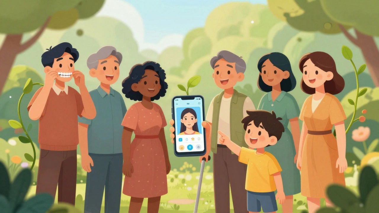 Patients smiling in a garden, one using a phone app to detect facial changes, symbolizing hope and recovery.