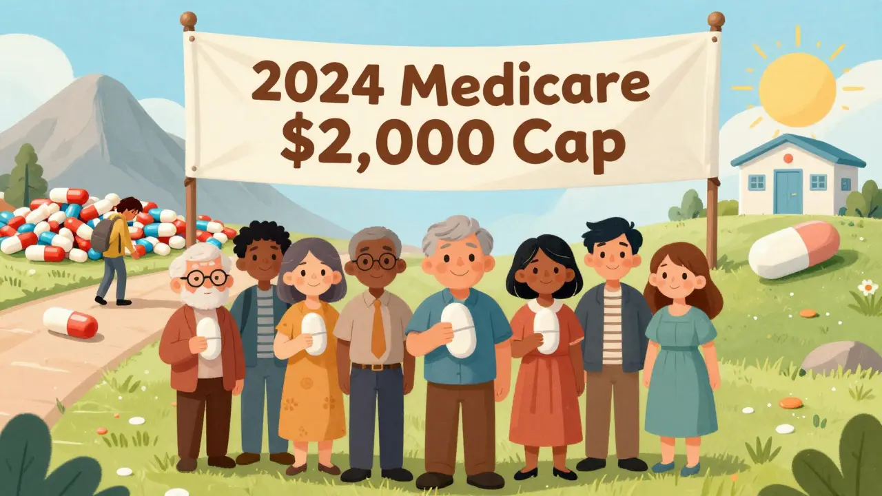 People of different ages standing under a Medicare cost cap banner, choosing between simple and complex pill regimens.