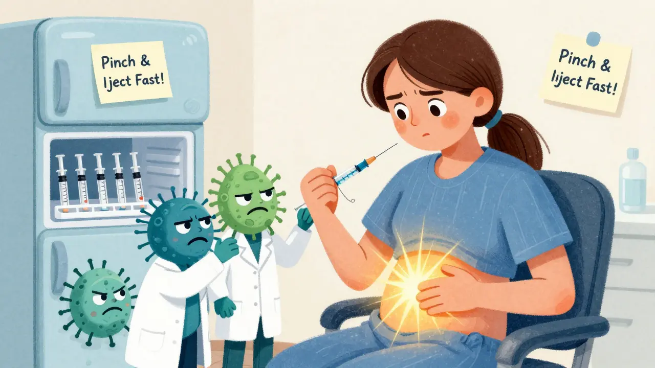 Person injecting octreotide with pre-filled syringes nearby, bacteria trying to block the needle.