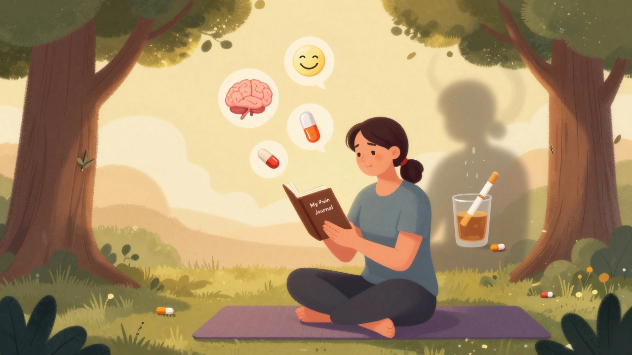 Person meditating with healing icons above, alcohol and cigarettes fading in mist.