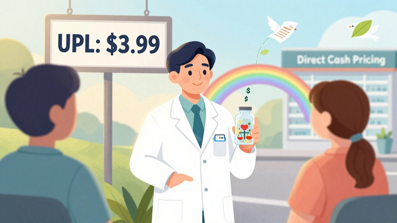 Pharmacist and patient beside a transparent pill bottle showing icons of cost and care, under a rainbow bridge to affordable pricing.