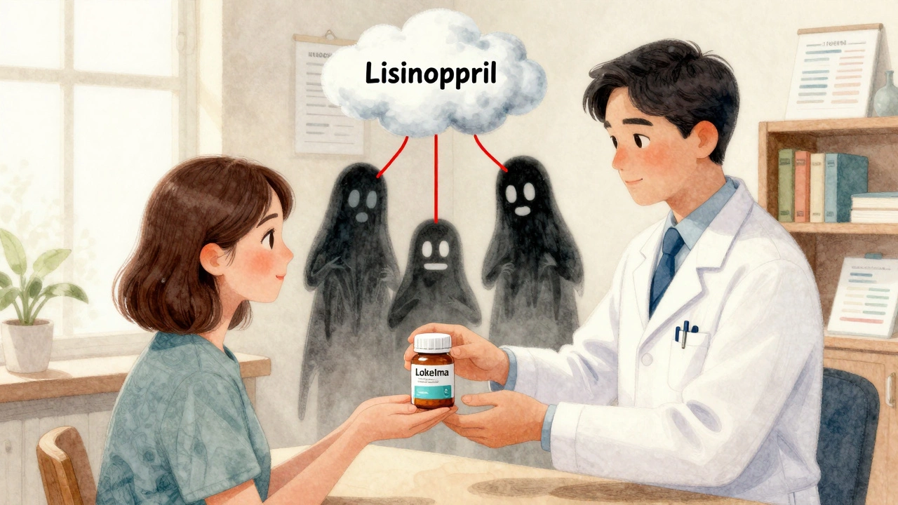 Pharmacist giving potassium binder pill as harmful medications float as shadows above the patient.