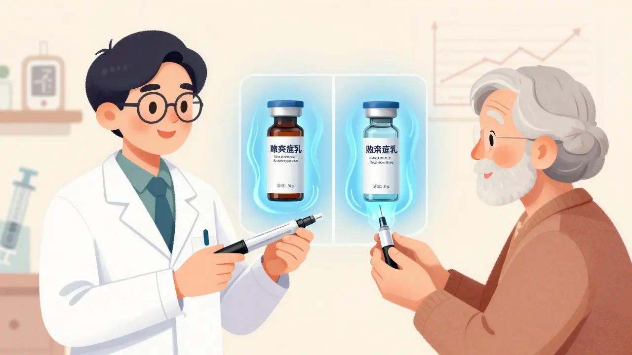 Pharmacist handing an insulin pen to a patient, with biosimilar and brand insulin shown as equally effective.