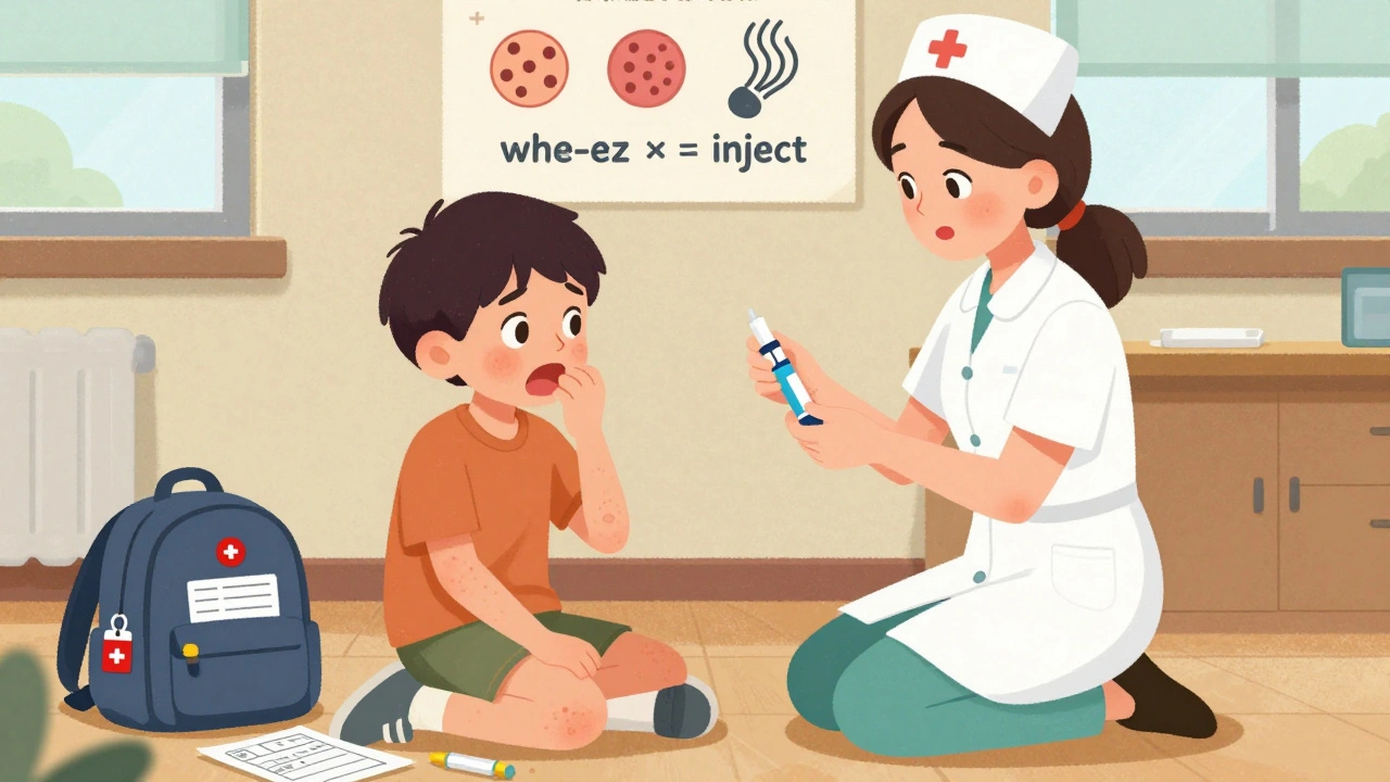 School nurse giving epinephrine to child with allergic reaction in classroom