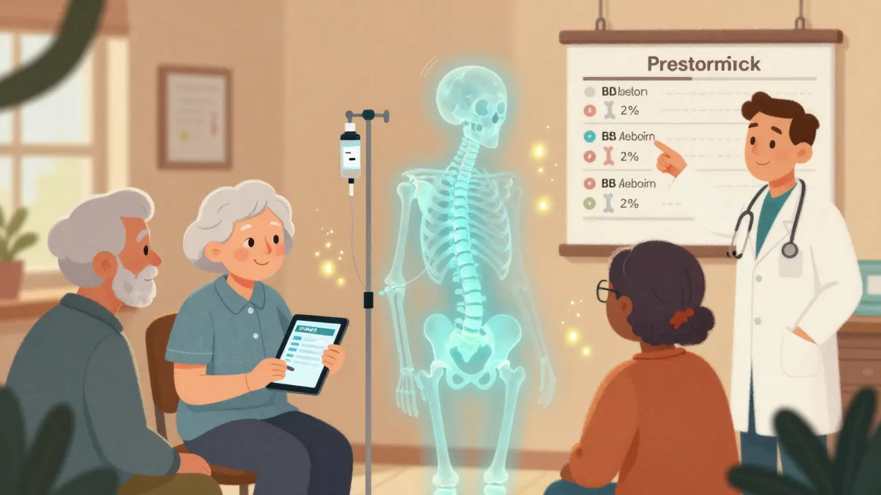 Seniors in a clinic, one receiving a yearly bone medication infusion, bone density scans glowing as doctor explains fracture risk.