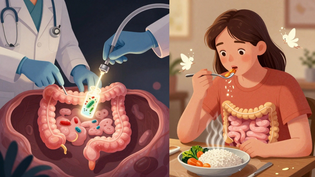 Split scene: doctor collecting gut fluid and patient eating healing low-FODMAP meal.