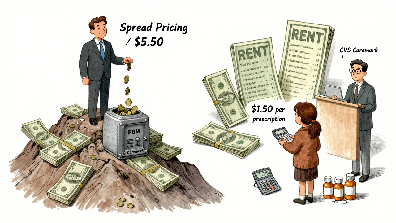 Split scene: PBM executive hoarding cash while a small pharmacy owner faces financial struggle under rising costs.