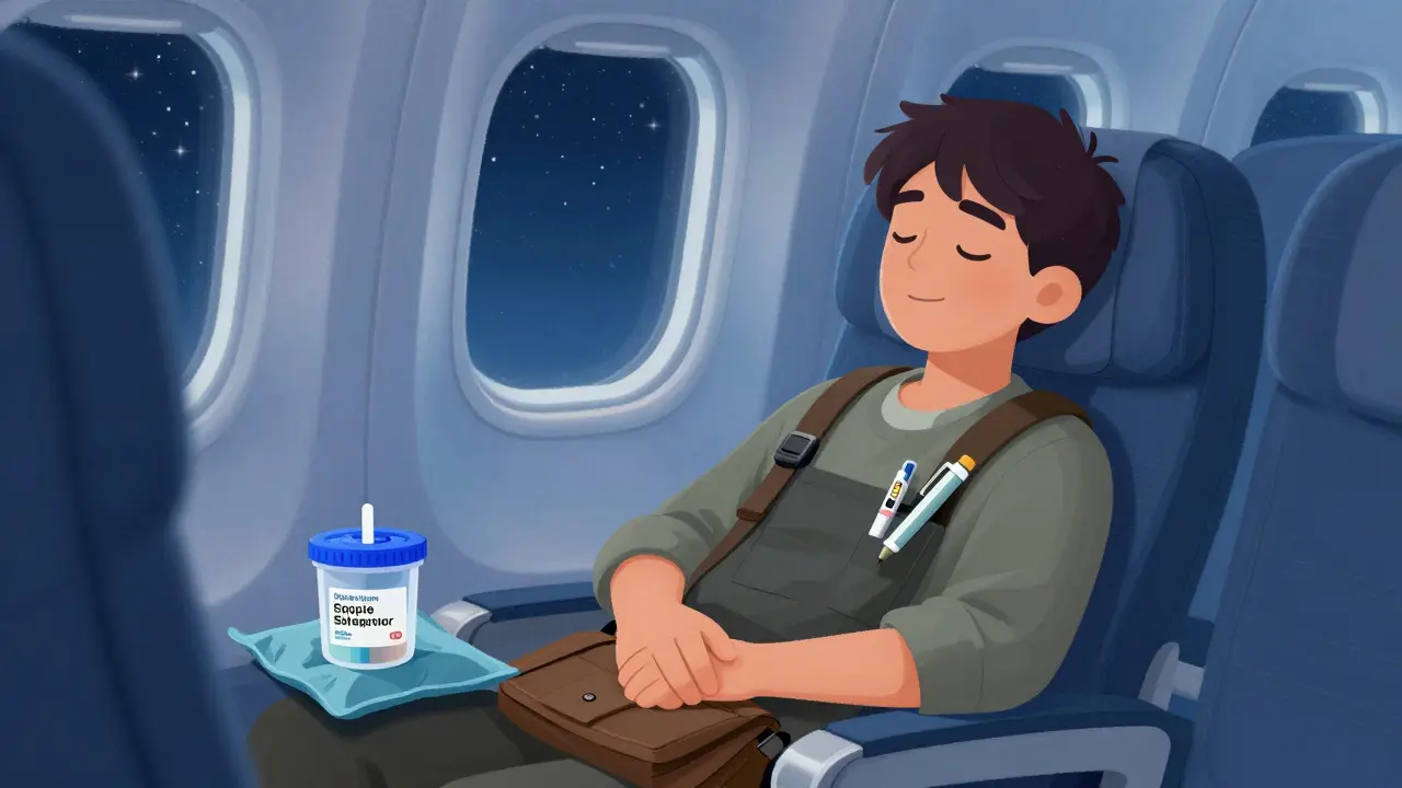 Traveler sleeping on plane with insulin pen and sharps container nearby, cold pack beside them.