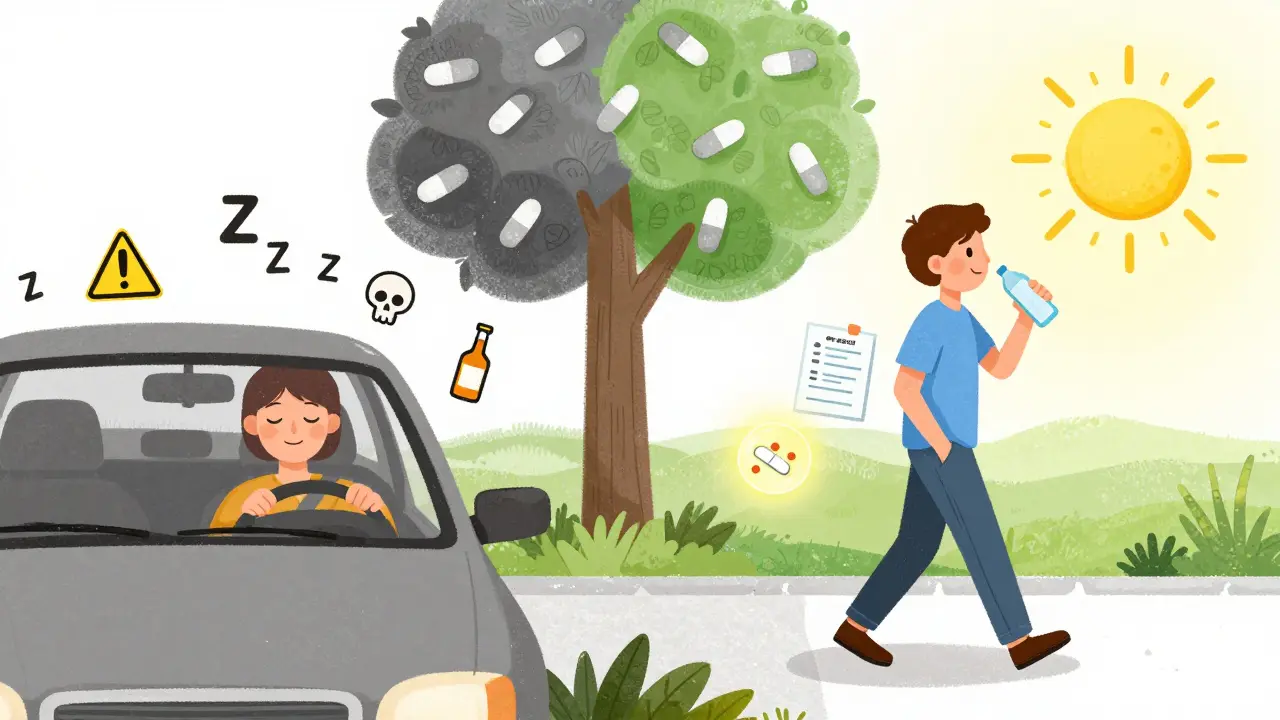 Two paths: one dangerous with drowsy driving, another safe with hydration and doctor’s advice.