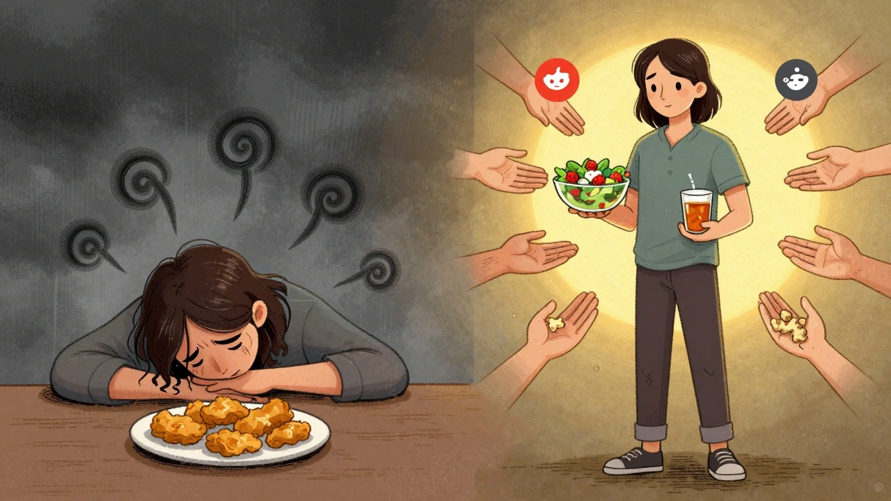 Two versions of a person: one struggling with food, one thriving with healthy habits.