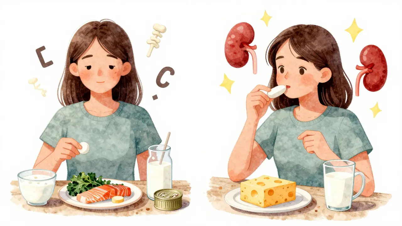 Woman eating calcium-rich foods on one side, overdosing on supplements on the other, with warning signs over her arteries and kidneys.