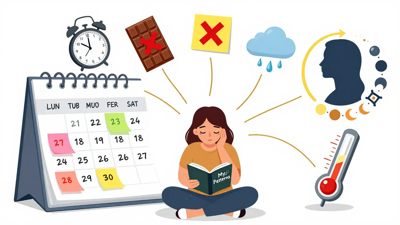 A calendar showing migraine days surrounded by floating triggers like coffee, sleep clocks, and weather symbols, connected to a calm person with a journal.