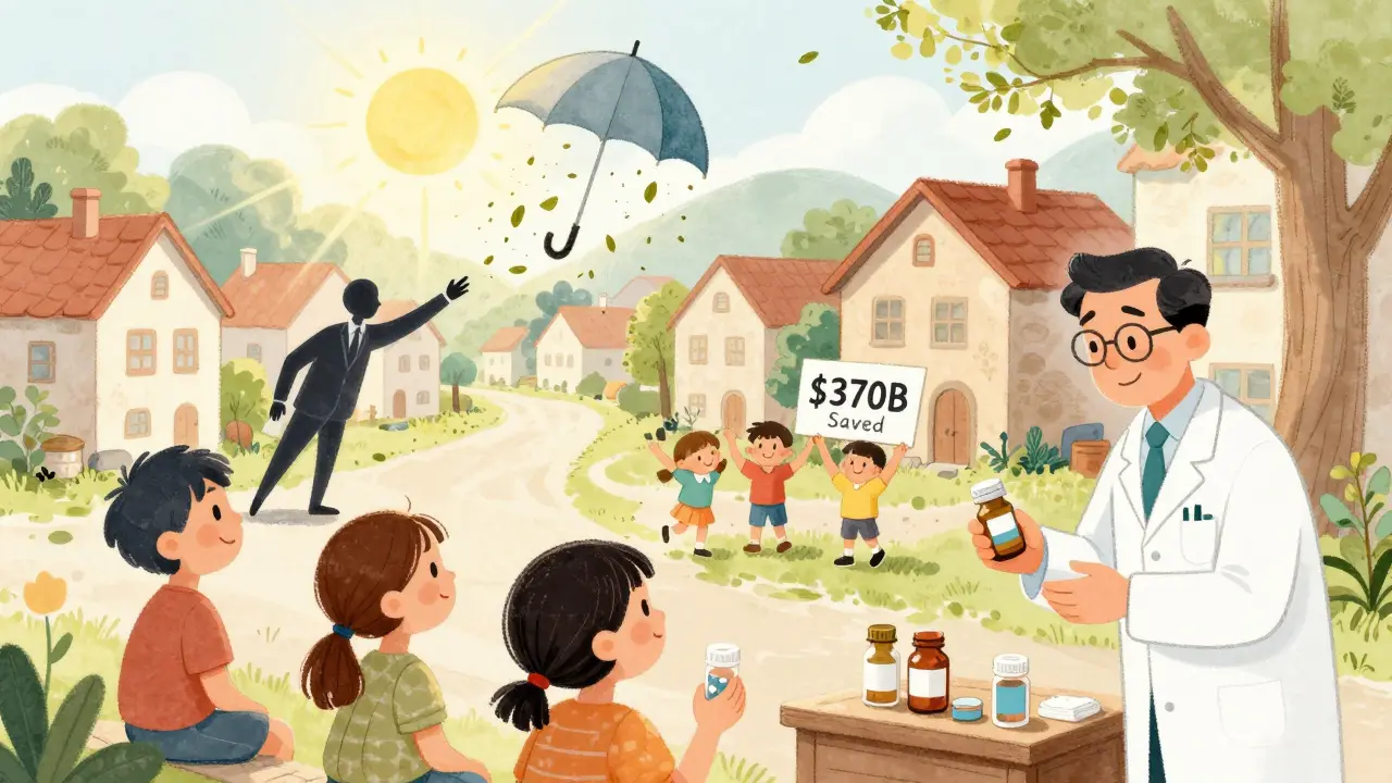 A cheerful village where patients receive generics, while a shadowy figure tries to extend a patent umbrella that turns to leaves in the sun.