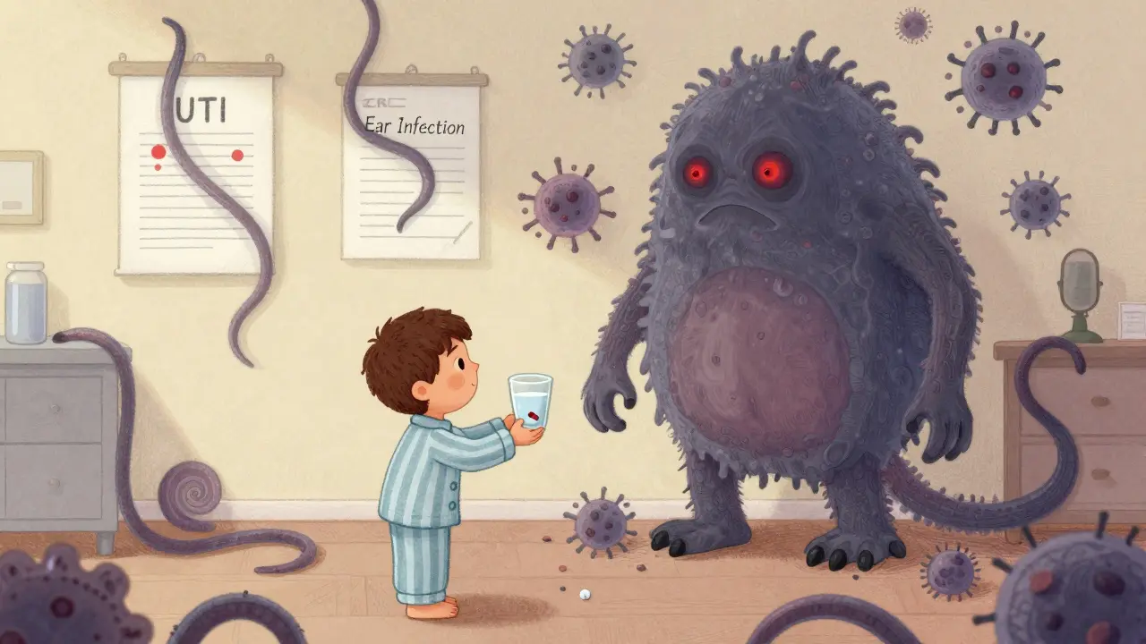 A child gives a doctor an antibiotic pill as a growing bacteria monster creeps across the room.