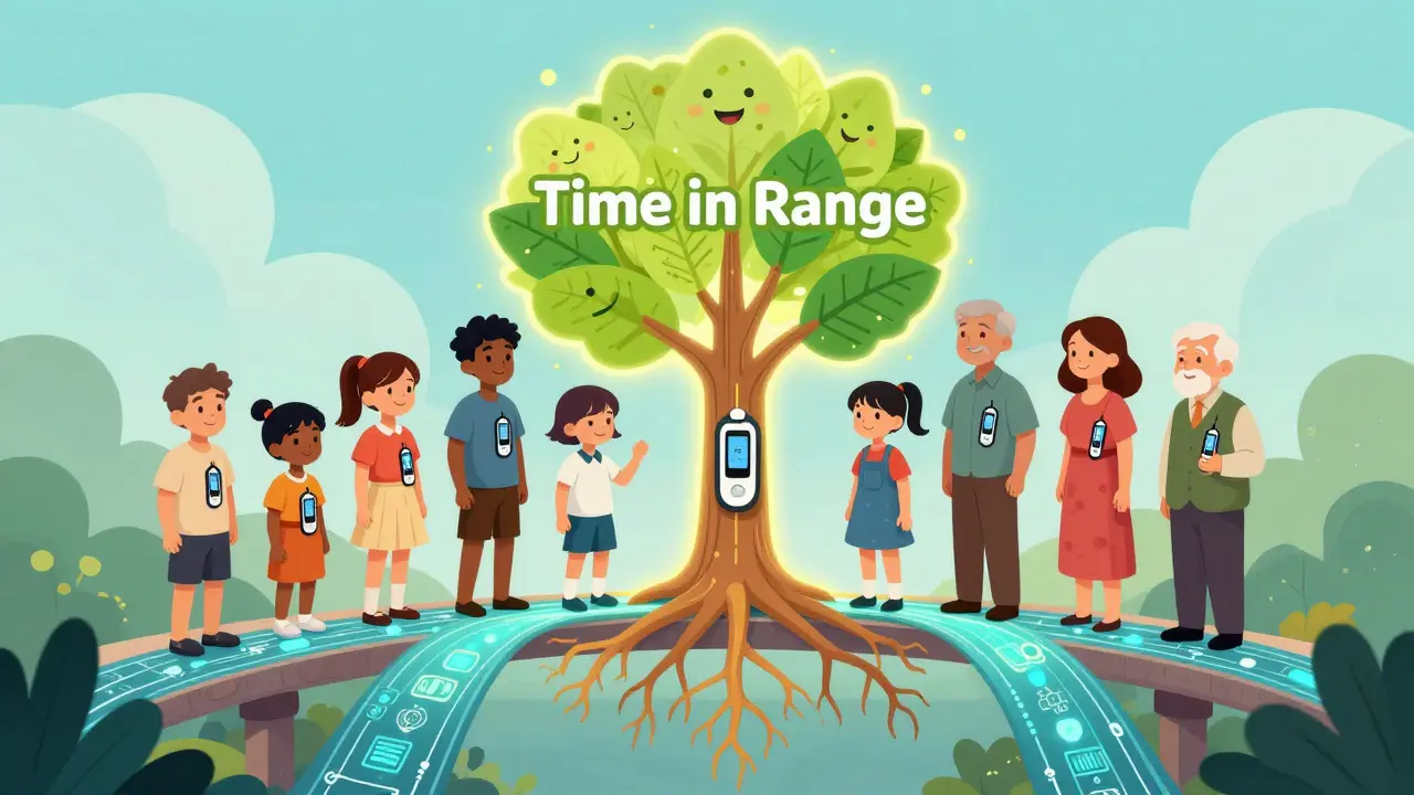 A diverse group of people on a data bridge leading to a tree symbolizing health and time in range.