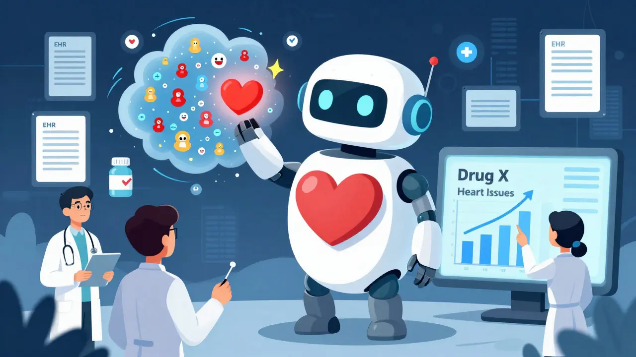 A friendly robot analyzes patient icons in a data cloud, spotting a red warning signal linked to a drug and heart issues.