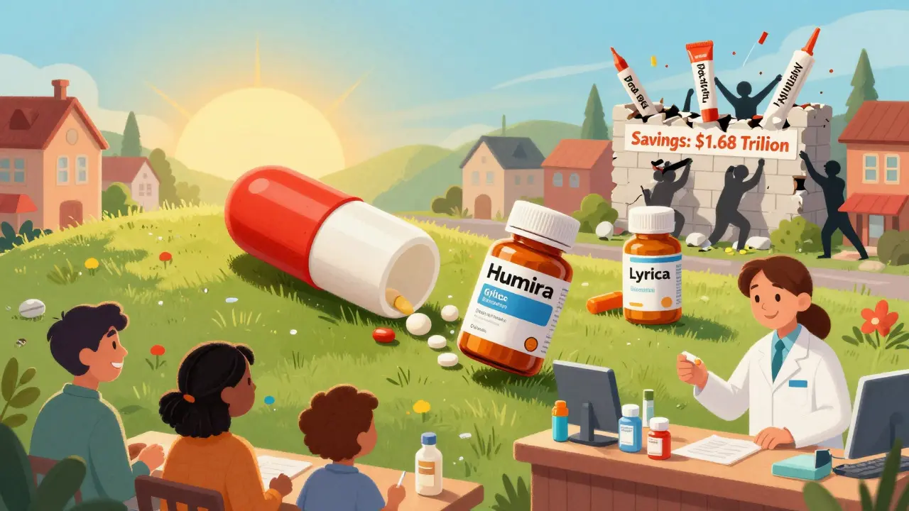 A generic pill rolls down a hill, toppling brand-name drug bottles as patients receive affordable medicine in a colorful marketplace.