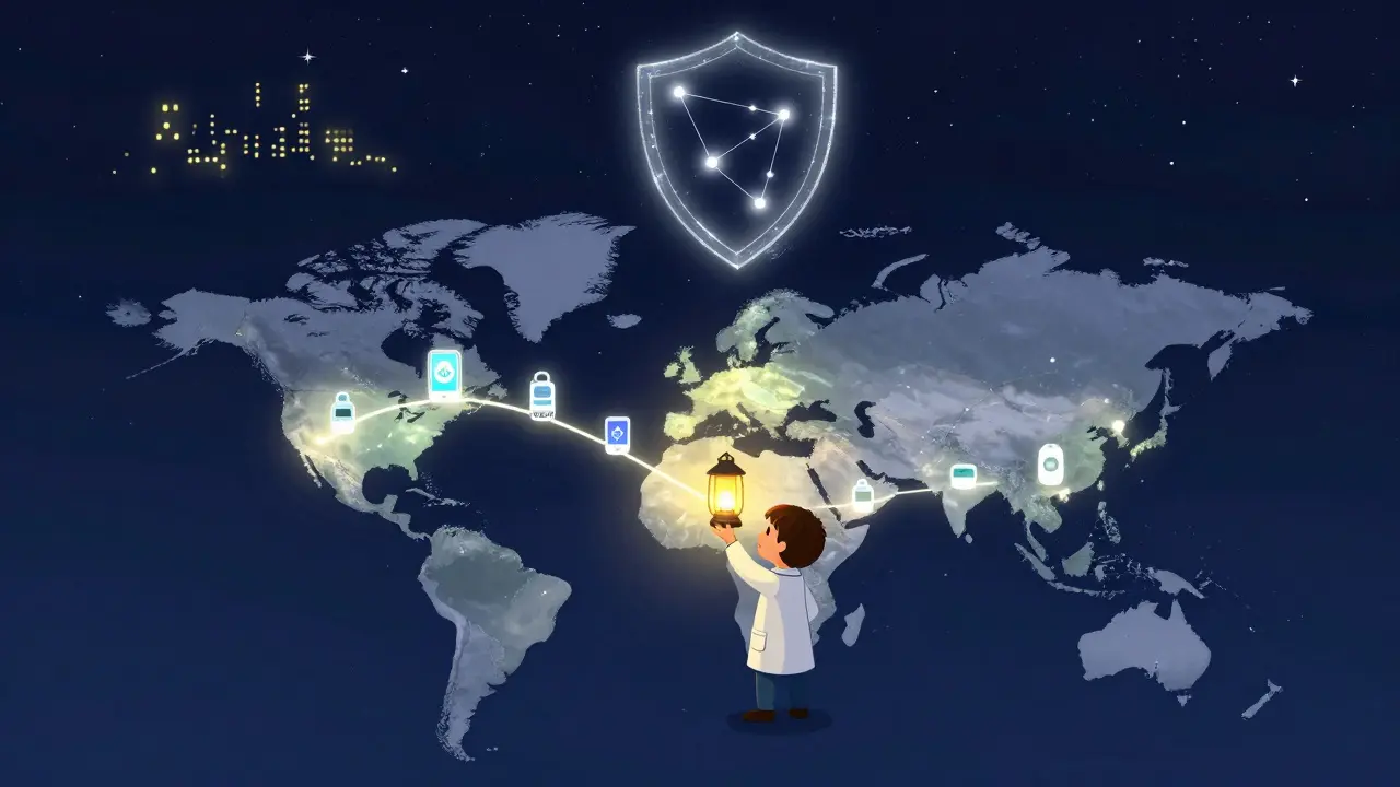 A global map with glowing connections, a child holding a Sentinel 3.0 lantern, illuminating wearables and medical symbols.
