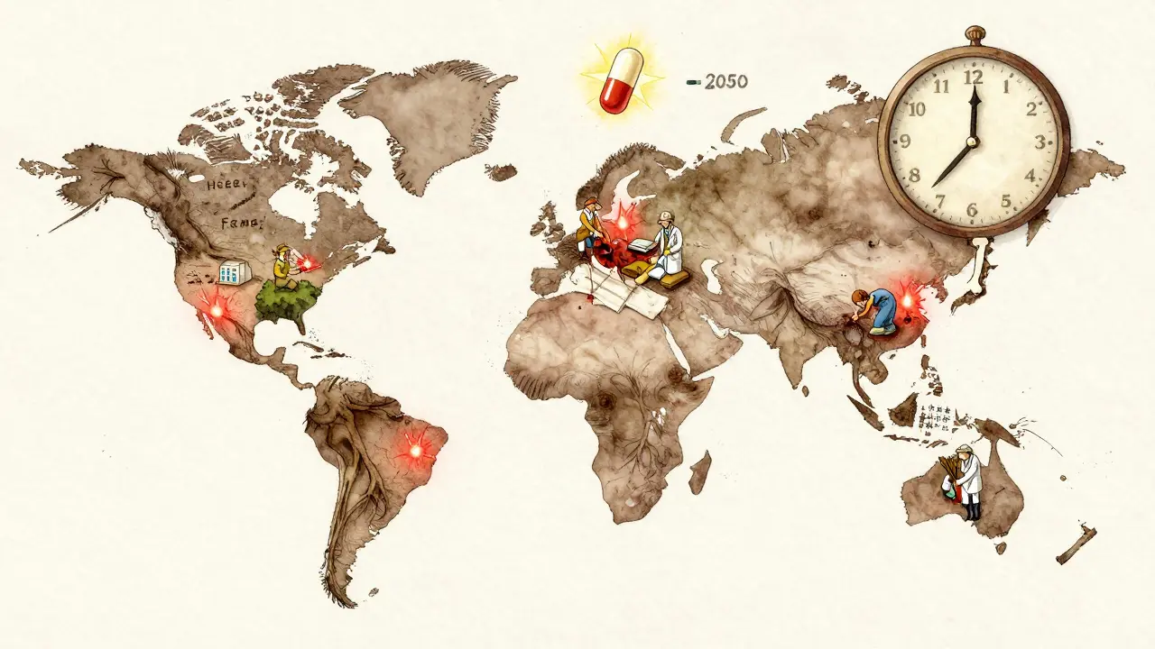 A global tree-map glows with red warning sparks, a new antibiotic shines above as a clock ticks to 2050.