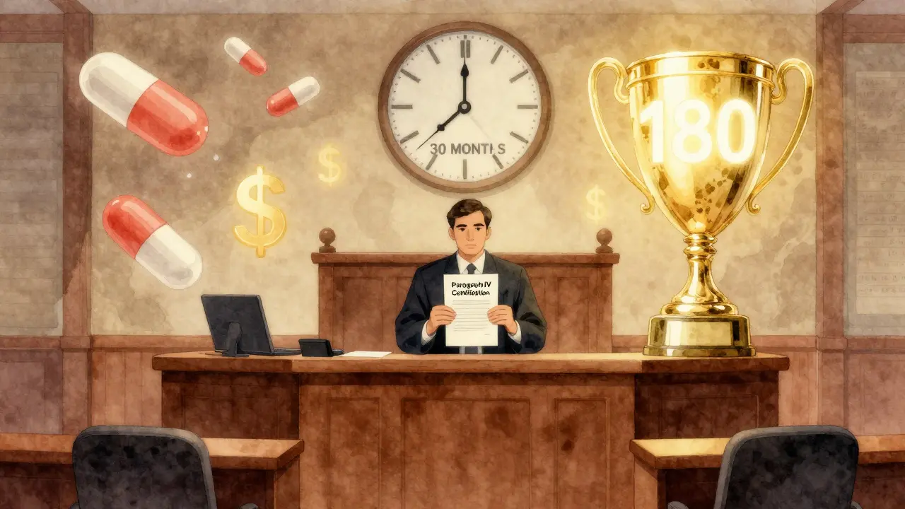 A lawyer presents a Paragraph IV certification in court, with a clock and glowing trophy symbolizing the race for generic market entry.