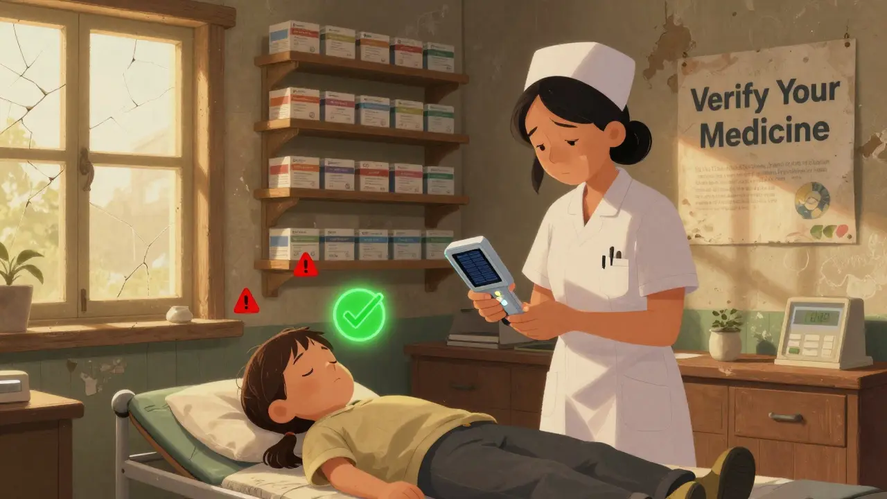 A nurse tests a pill with a solar device in a rural clinic, while glowing indicators show which medicines are safe.