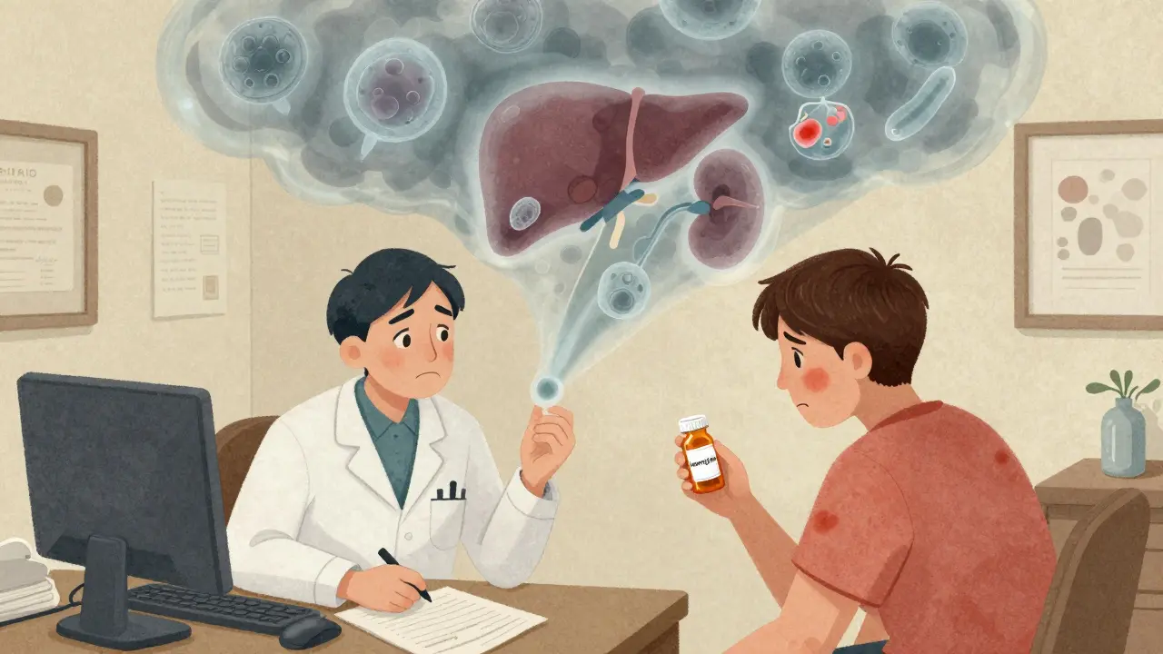 A patient in a doctor's office with ghostly immune cells forming a storm over their body and organs.