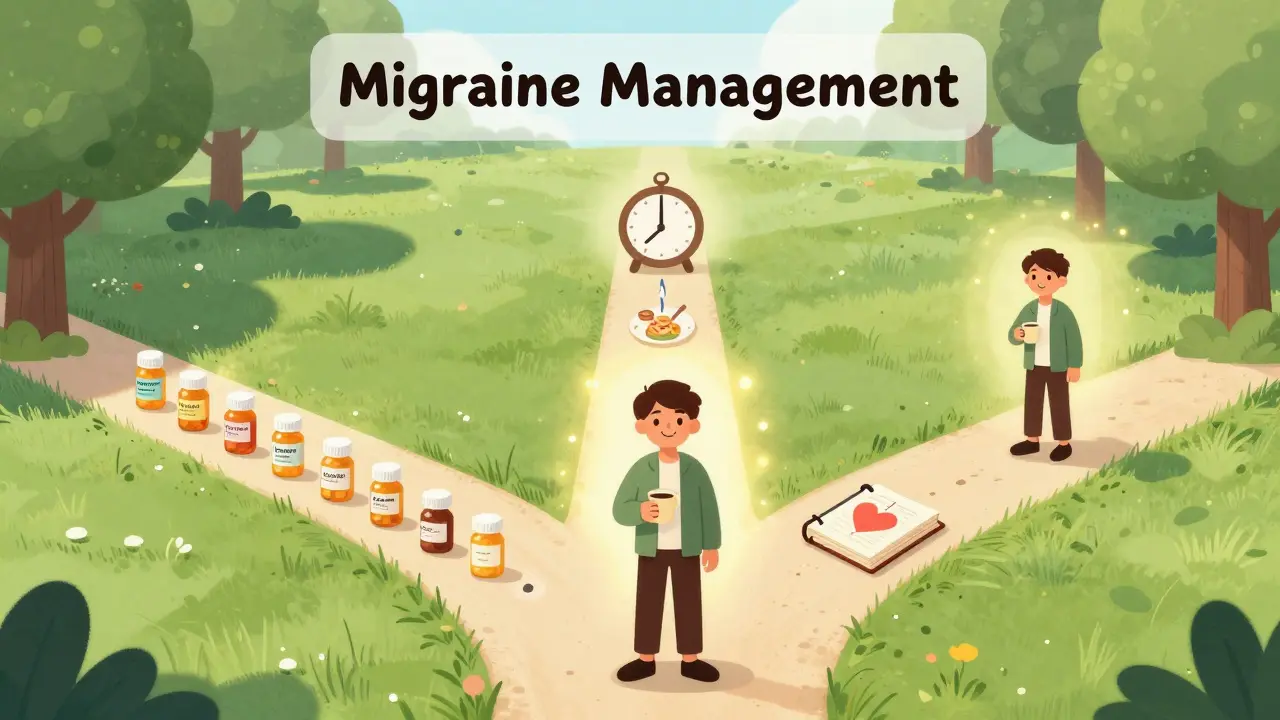 A person at a crossroads with three paths representing medication, lifestyle, and tracking, each leading to a happier version of themselves.