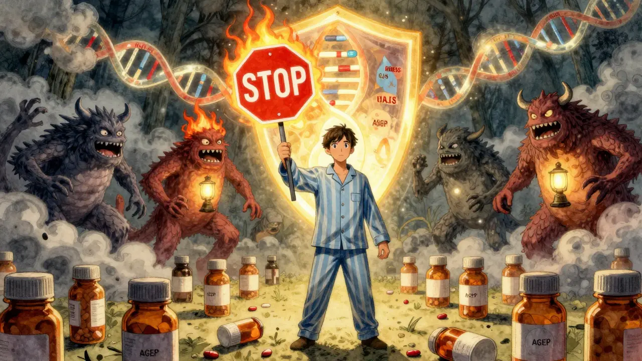 A person holding a 'STOP' sign, defeating dangerous drug reaction monsters with a glowing DNA shield.