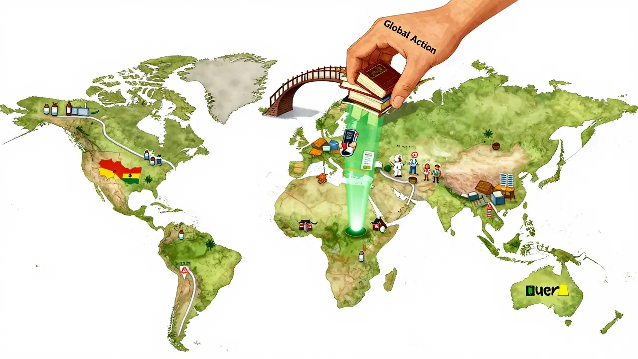 A storybook map shows counterfeit drug routes worldwide, with green lights of hope rising from African communities.