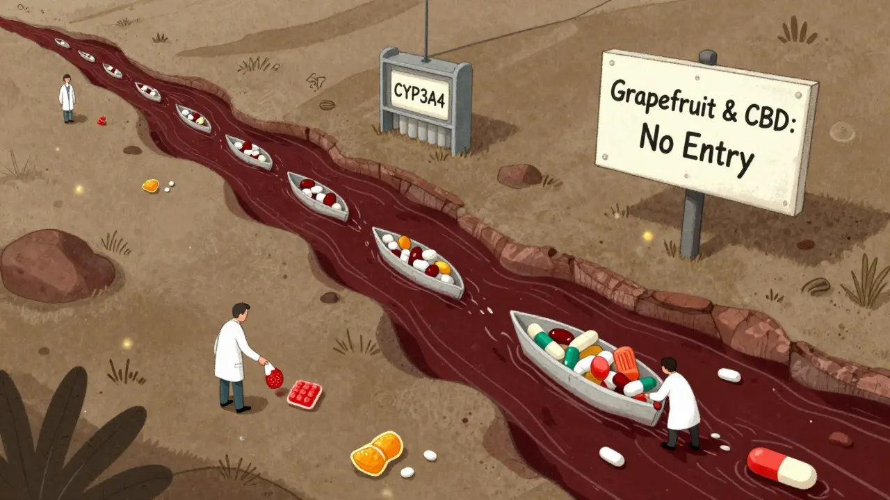 A surreal liver with pills and CBD blocking a river, labeled CYP3A4, in soft watercolor illustration.