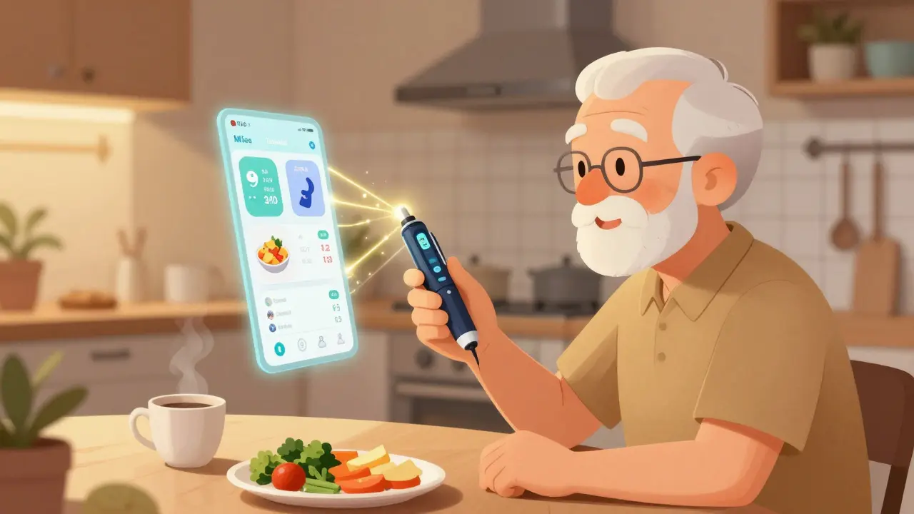 An elderly man using a glowing smart insulin pen, with data threads connecting to a peaceful kitchen scene.