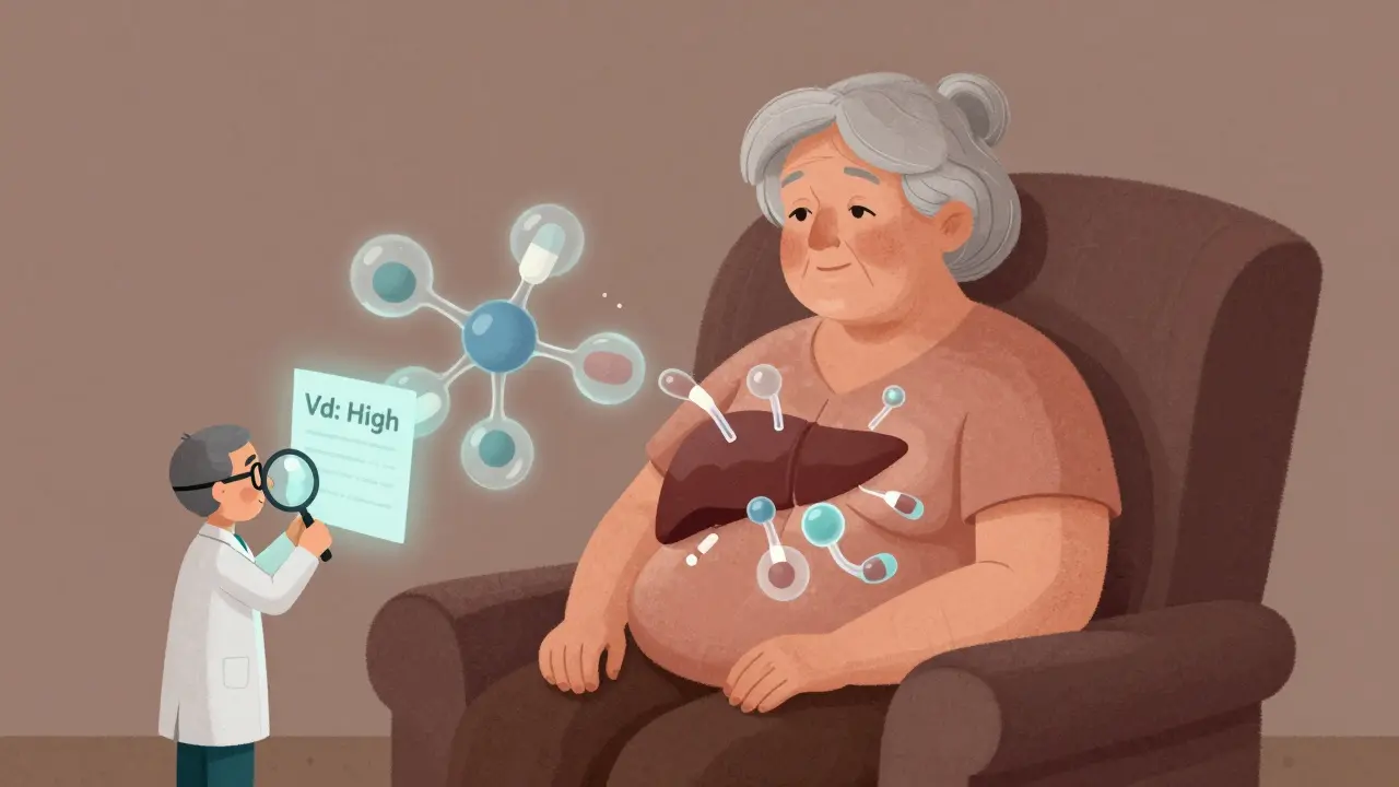 An elderly woman with glowing drug molecules clinging to her body, illustrated in soft, warm tones.