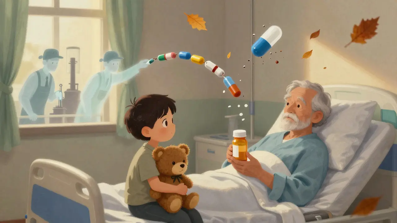 Child and elderly patient beside an empty medicine bottle, with ghostly factory workers dropping a broken pill chain, storybook art.