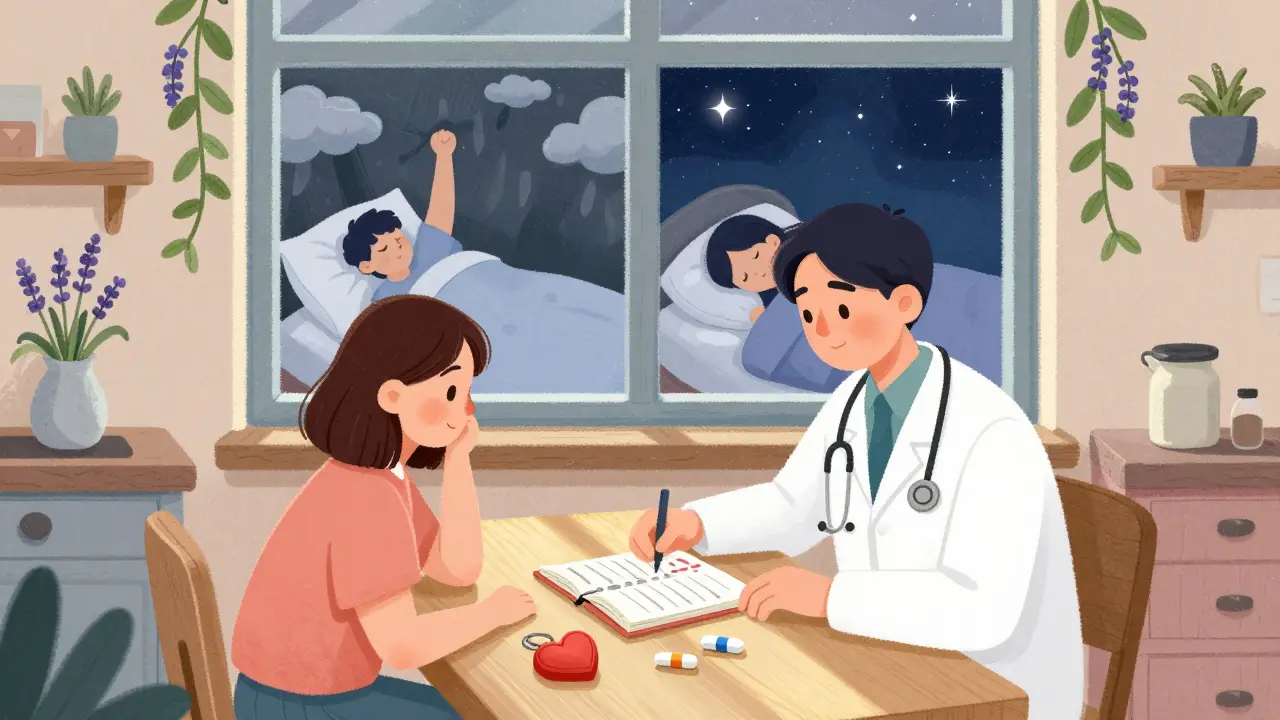 Doctor and patient at a kitchen table with a sleep journal and statin pills, sunlight streaming in as peaceful and restless sleep scenes appear outside the window.