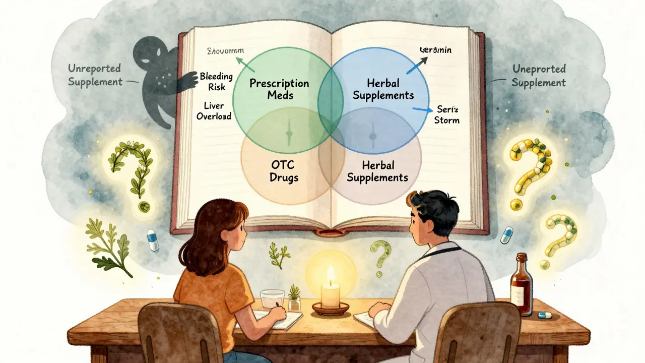 Doctor and patient surrounded by floating question marks shaped like drugs and herbs, with a glowing book showing interactions.