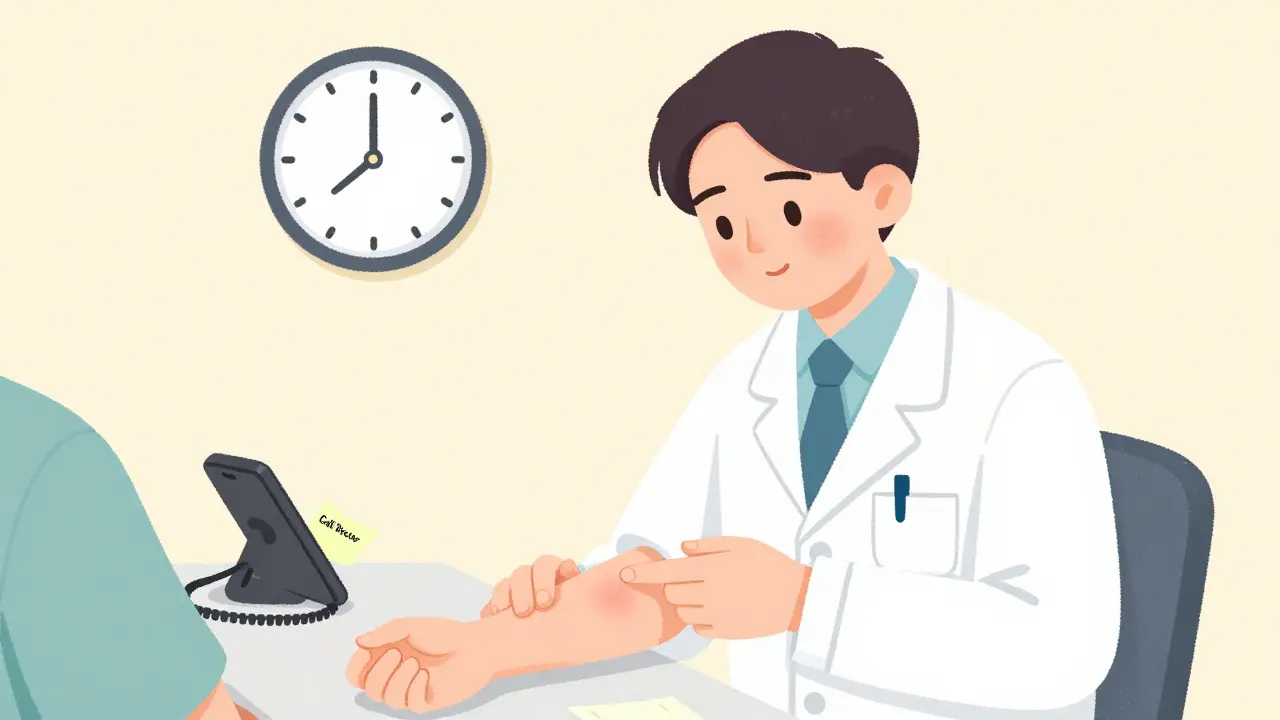 Doctor examining mild rash, calm room with clock and phone