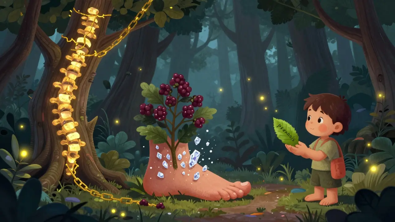 Fantasy forest with joint-related arthritis conditions represented as magical plants and creatures, under twilight light.