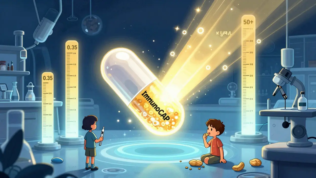 Glowing ImmunoCAP capsule with rainbow-numbered IgE levels and patient silhouettes beside each scale in a lab.
