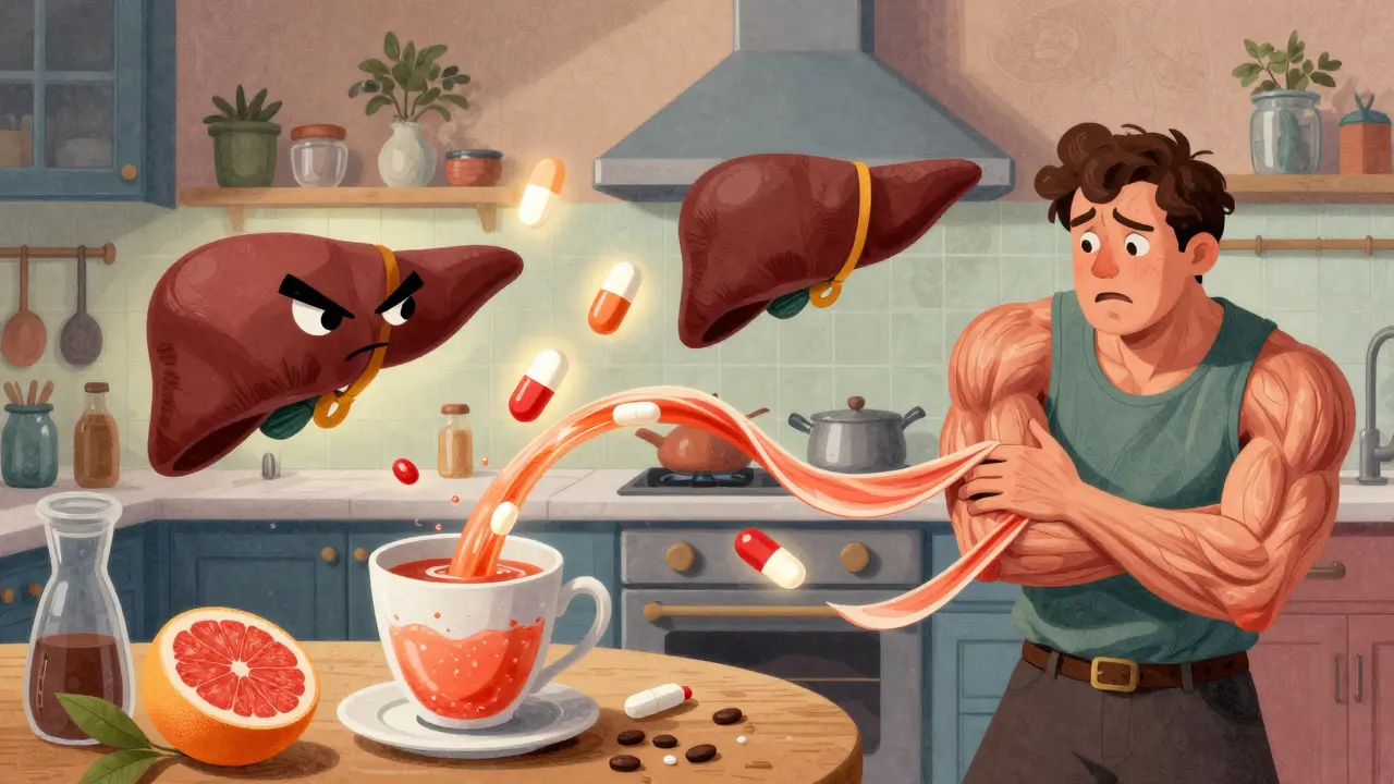 Grapefruit juice causing a reaction with pills and a liver in a surreal kitchen scene, storybook style.