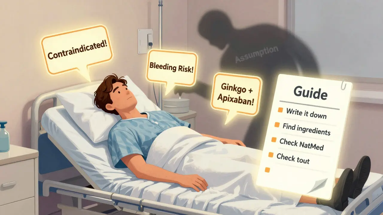 Hospital patient surrounded by glowing warning signs about dangerous supplement interactions, with a safety checklist glowing nearby.
