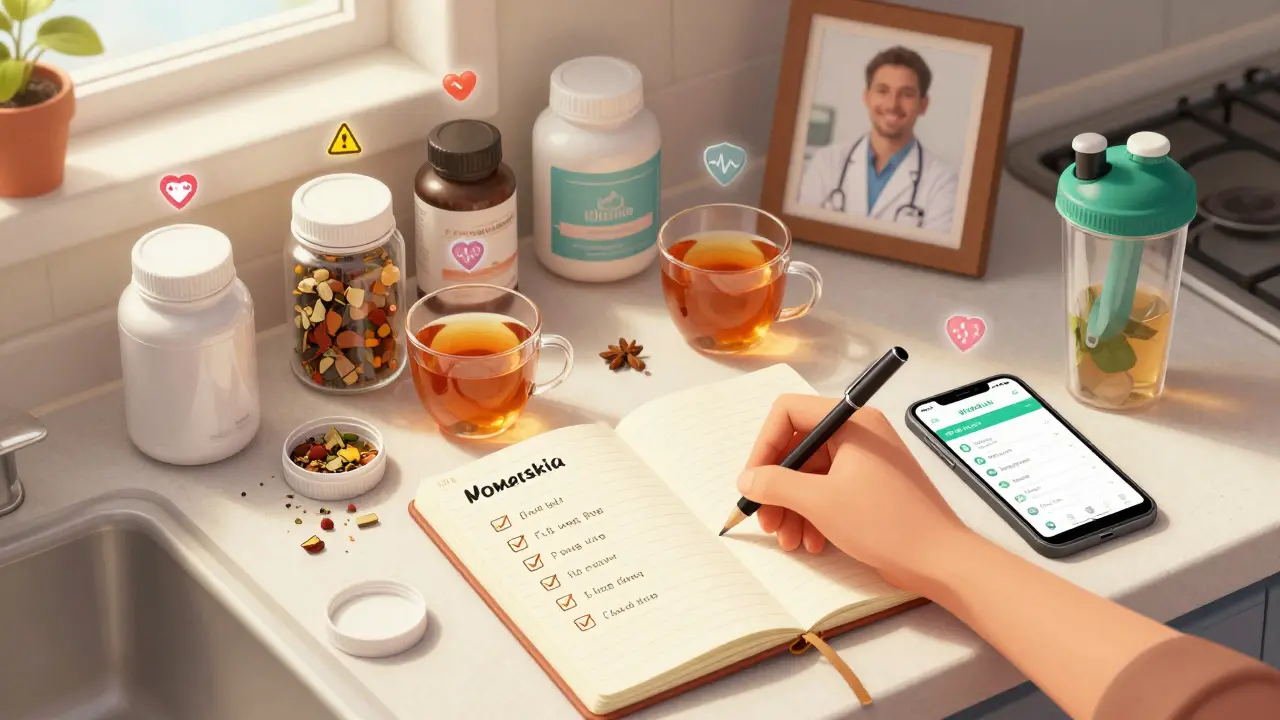 Kitchen counter with supplements and a notebook, illustrating personal tracking and mindful health choices.