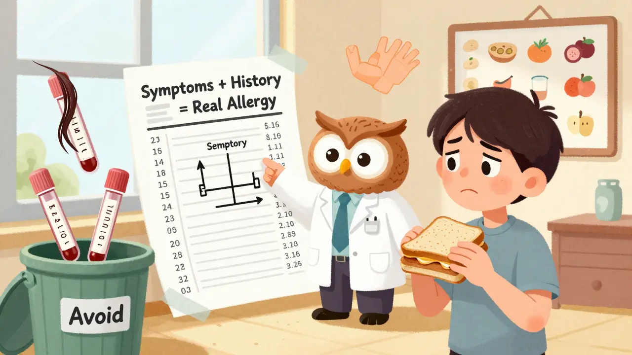 Person understanding test results with a wise owl guiding them away from false allergy tests toward real symptoms.