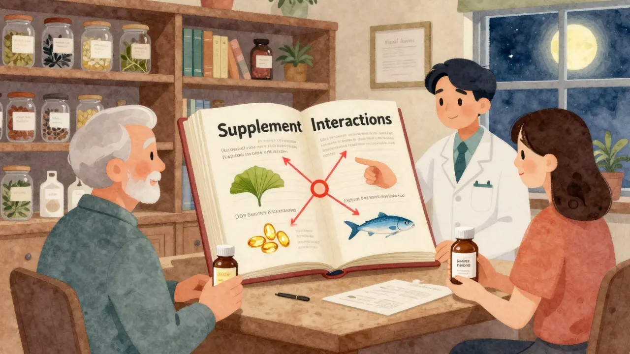 Pharmacist explaining supplement-drug interactions from an illustrated book to two patients in a cozy clinic.