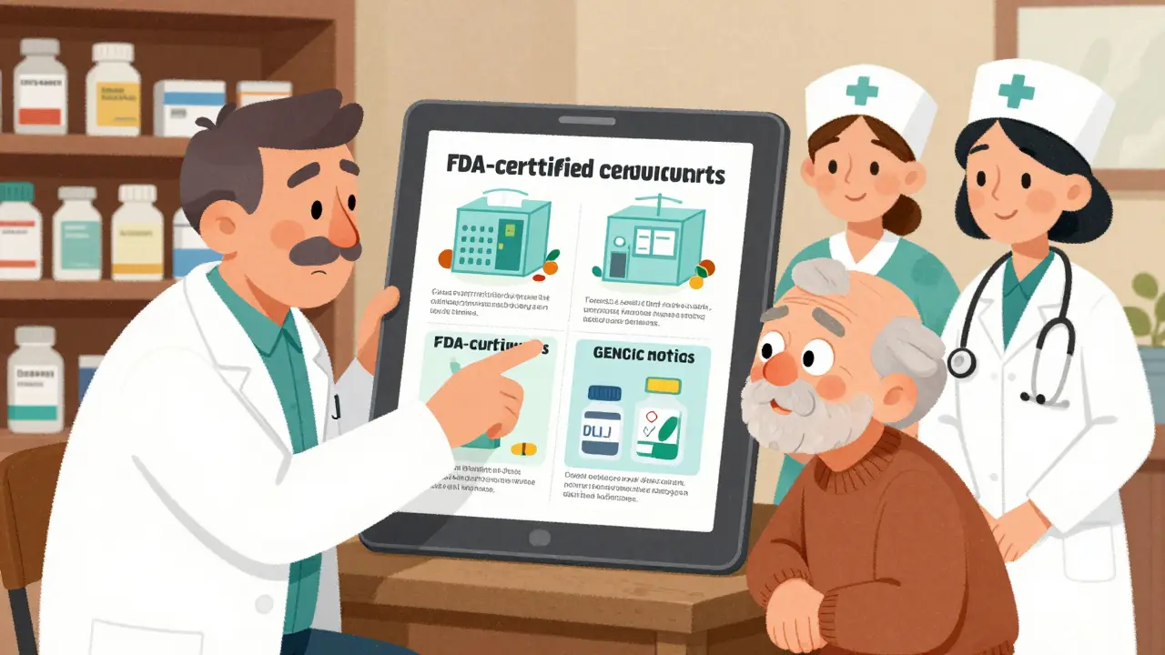 Rural doctor uses an infographic to reassure an elderly patient that brand and generic drugs are made the same.